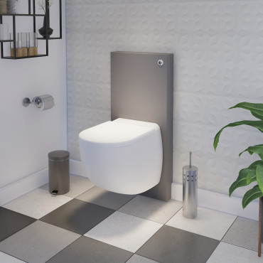SFA Sanibroyeur Sanicompact Comfort Box toilet met vermaler in badkamer; betongrijs.