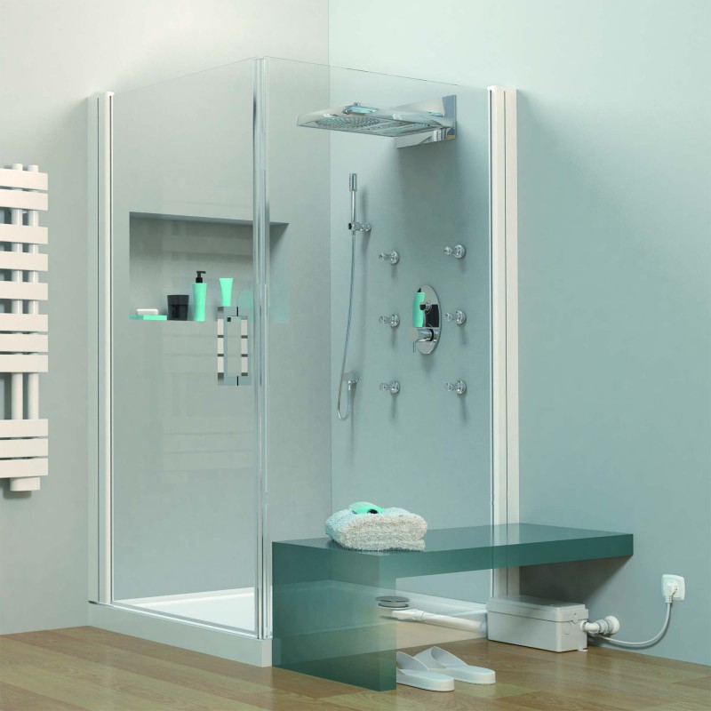 SFA sanibroyeur Sanidouche flat pompe de douche dans salle de bains